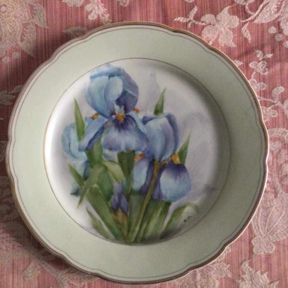 Vintage hand painted plate decorative plate floral gold rim 10"